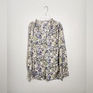 Maurice Women's 14/16 Yellow Floral Button Down Ruffle Neck Blouse